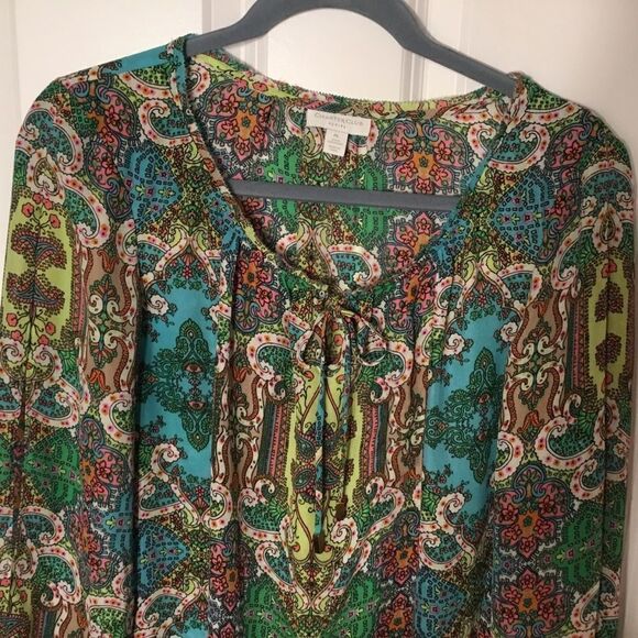 Charter Company Women’s Blouse in PL with 3/4 sleeve aqua, green, pink print - Picture 2 of 12